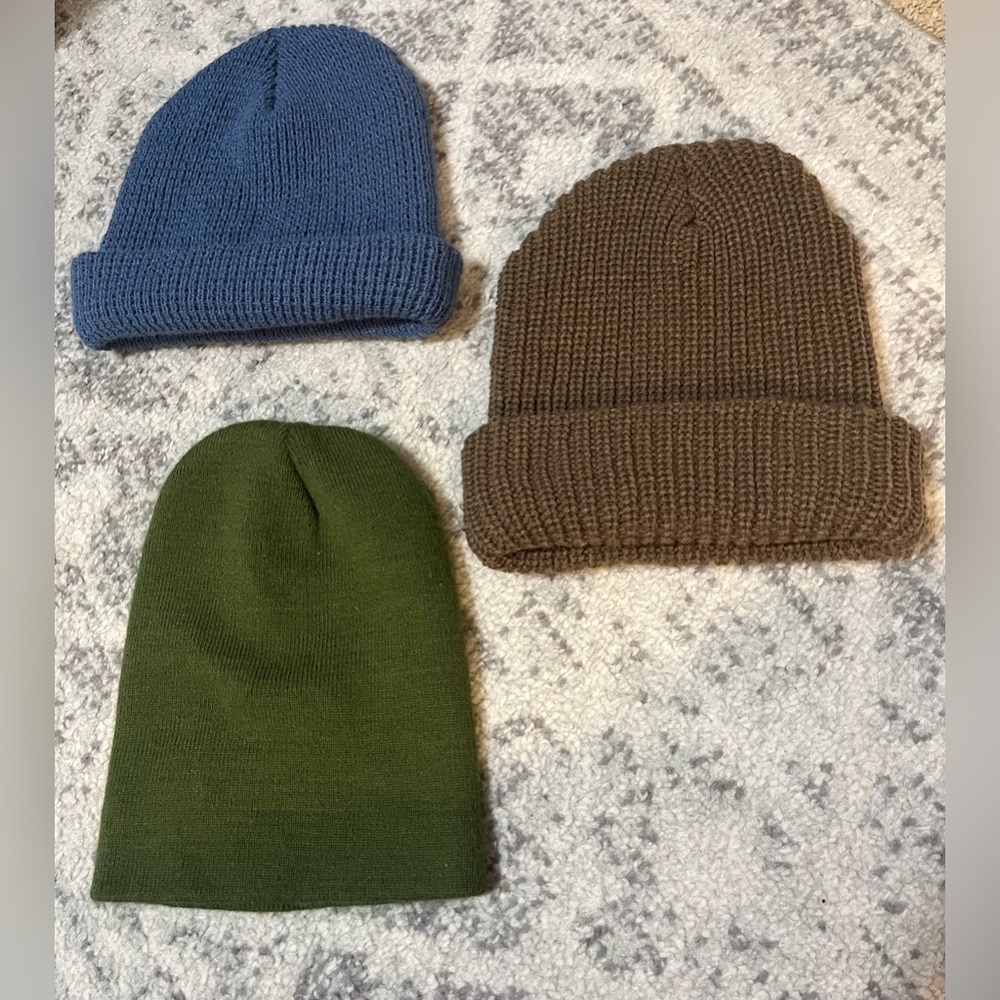 Trio of Cozy Knit Beanies - Blue, Brown, Green